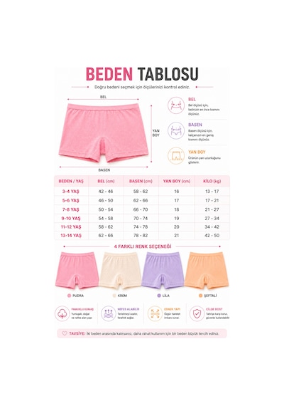 Westicgiyim Kız Çocuk Pamuklu Boxer 4 Lü Paket Esnek Rahat Şort Külot 3-4 Yaş 13-14 Yaş Çok Renkli