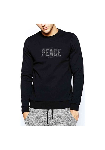 War And Peace Baskılı Siyah Erkek Örme Sweatshirt