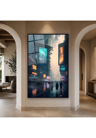 Neon Ekranlı Yağmurlu Cadde Siyah Çerçeveli Cam Tablo