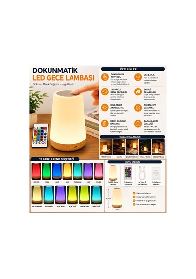 Dokunmatik Led Gece Lambasi Usb Sarjli Kumandali 13 Renk Modlu Masa Lambasi Dekoratif Çok Renkli