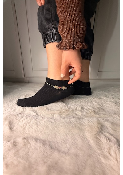Ozzy Socks 3 Çift Kadın Taş Detaylı Dikişsiz & Takviyeli Patik Çorap Siyah