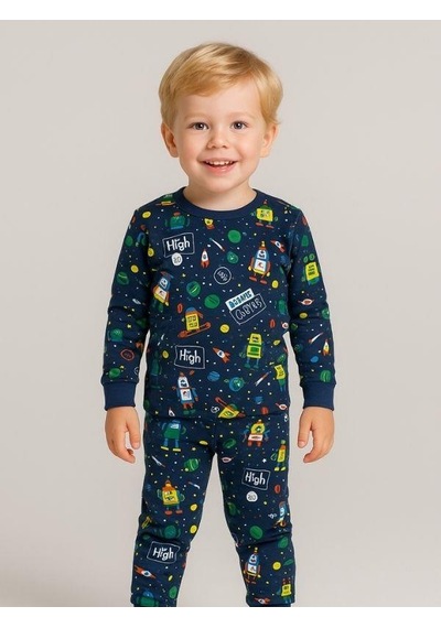 Cantoy Erkek Çocuk Pamuklu Uzay Baskılı Pijama Takımı-16058 Lacivert