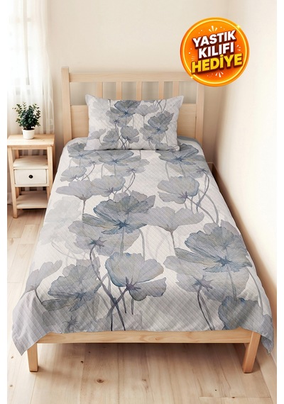 Mavi Çiçekli Modern Pike Takımı - Beyaz Gri Floral Tek Kişilik Kapitone Yatak Örtüsü 160x220 Cm Mercansı Güneş Derinliği