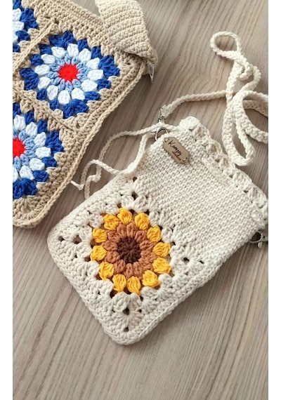 Kemzey Handmade Çiçekli Telefon Çantası, Motifli Tığ İşi Telefonluk, El Yapımı Telefon Kılıfları Taş - Sarı