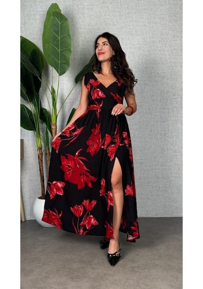 De'charme Kadın Askılı Kruvaze Yakalı Geniş Kesim Detaylı Yırtmaclı Uzun Süprem Elbise Kırmızı De'charme Kadın Askılı Kruvaze Yakalı Geniş Kesim Detaylı Yırtmaclı Uzun Süprem Elbise Kırmızı