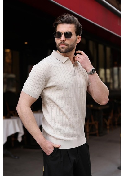 Taş Rengi Polo Yaka Slim Fit Triko Erkek Tişört E7465 Taş Rengi