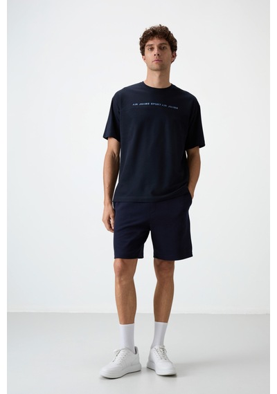Air Jones Tommy Life Lacivert Pamuklu Kalın Yüzeyi Dokulu Oversize Fit Baskılı Erkek T-shirt - 88371 Lacivert