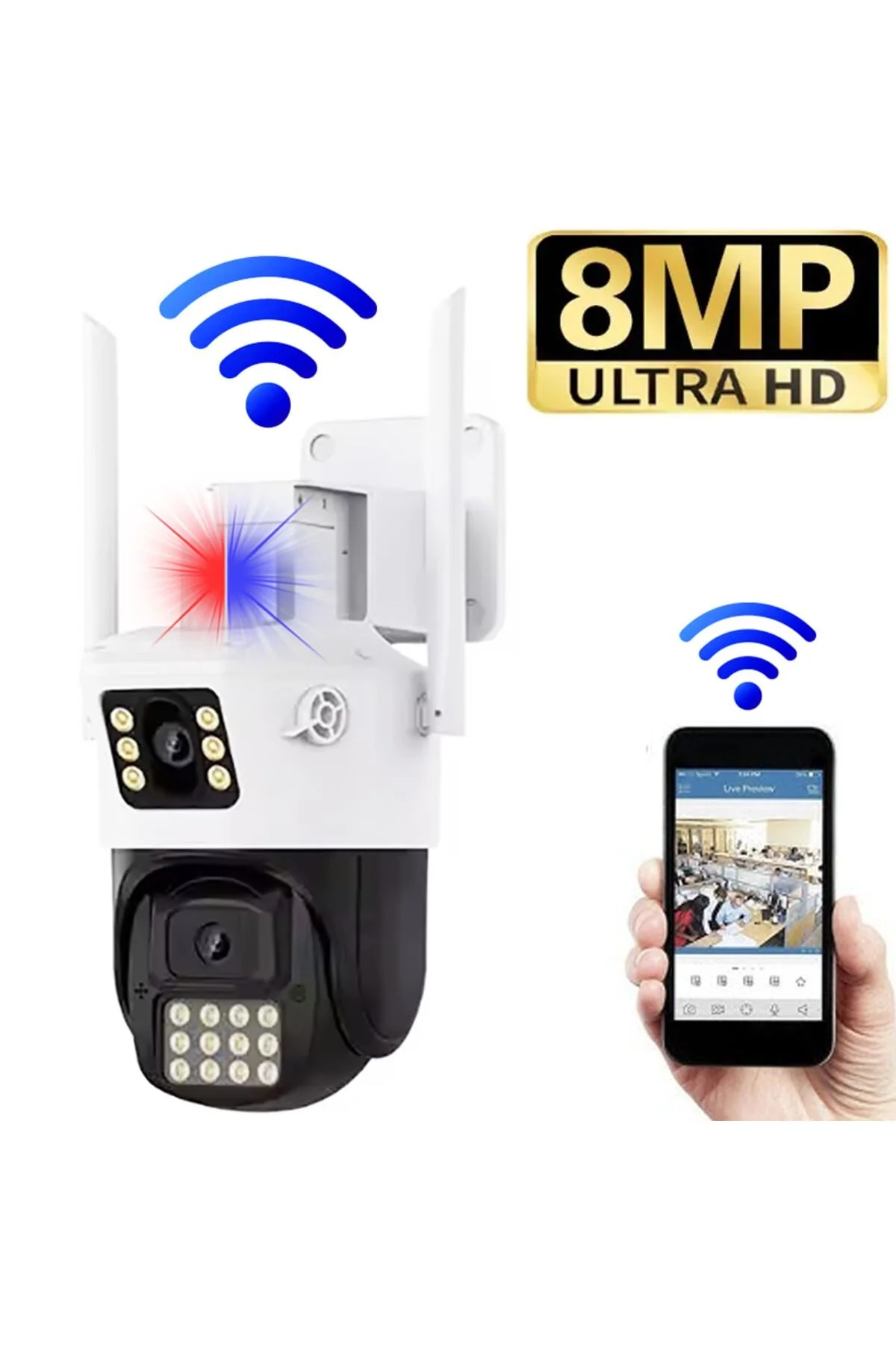 8 Megapixel Ulta Hd Kablosuz Wifi İp Çift Kameralı Dış Mekan Alarmlı İkaz Lambalı Güvenlik Kamerası