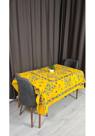 Kolay Temizlenebilir Renkli Cıvıl Cıvıl Desenli Masa Örtüsü 170x170 Cm Sarı