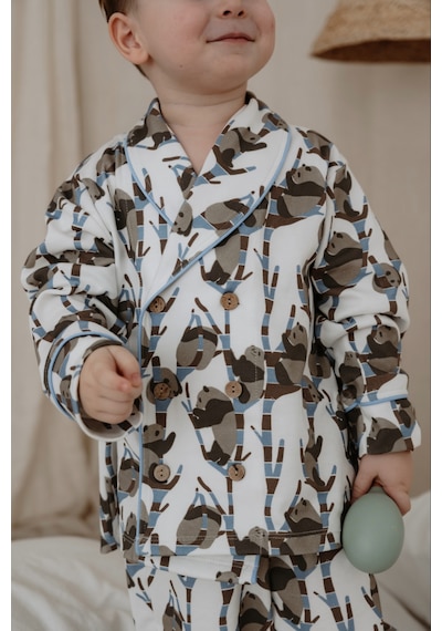 Panda Desenli Yaka Detaylı Çocuk Pijama Takım Mavi