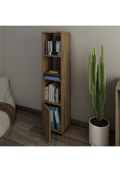 Kuzey 4 Raflı, Kapaklı Minimal Beyaz Kitaplık Antik Ceviz
