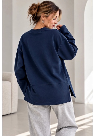Bb Butik Basic Oversize Yırtmaç Detaylı Bisiklet Yaka Sweatshirt Zg3535 Lacivert