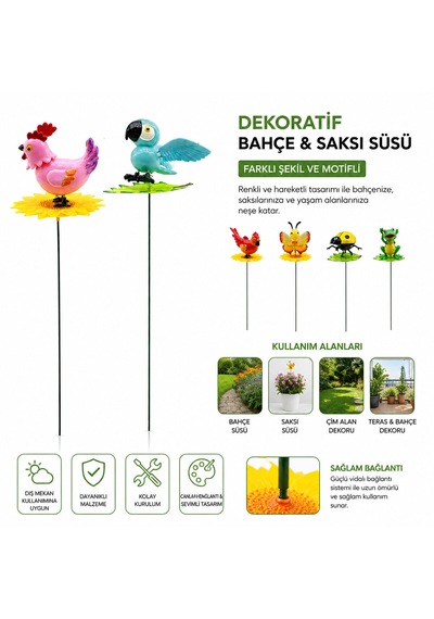 48 Adet Dekoratif Bahçe - Saksı Süsü Rüzgarda Sallanan Yaylı Hayvan Figür Mix 5250