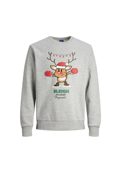 Jack & Jones Yılbaşı Temalı Baskılı Sweatshirt - Xmas 12247523 Light Grey Melange Yeşil