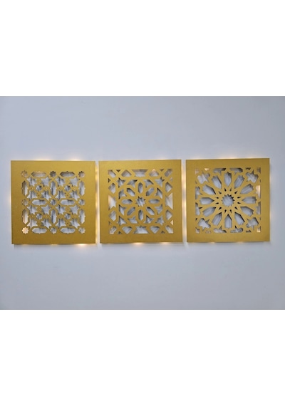 Led Işıklı Motif Tablo 3 Lü Set - 30x30cm Gold