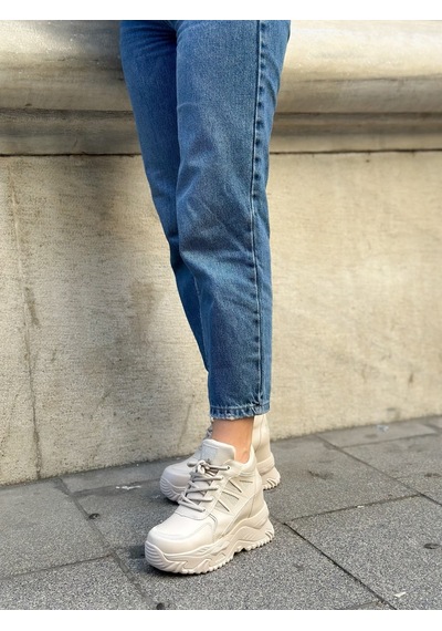 Erva'nın Butiği Bej Cilt Celly Gizli Topuk Dolgu Topuk 7 Cm Boy Uzatan Sneakers-6475