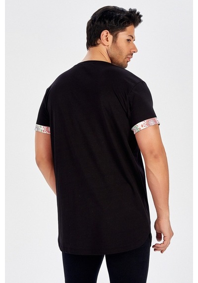Peraluna Kol Ucu Desenli Uzun Siyah Pamuklu Erkek T-Shirt-Siyah