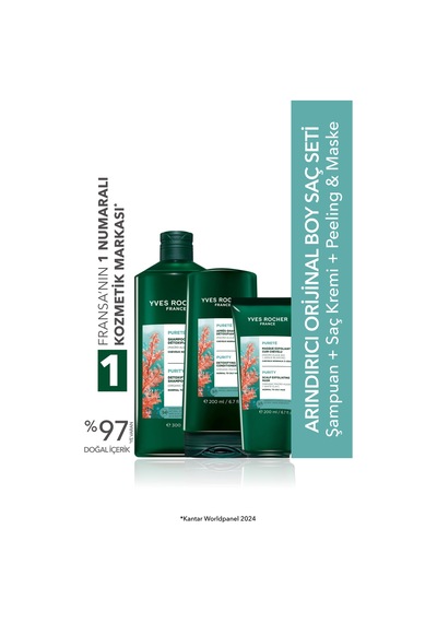 Yves Rocher Arındıcı Orjinal Boy Saç Seti- Şampuan 300 Ml & Saç Kremi 200 Ml & Peeling Ve Maske 200 Ml