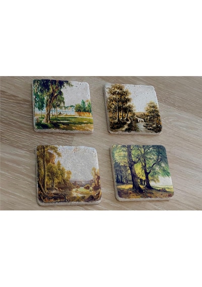 Sonbahar Ağaçları Doğal Taş Bardak Altlığı 4'lü Set - Natural Stone Coasters - Taş Çok Renkli