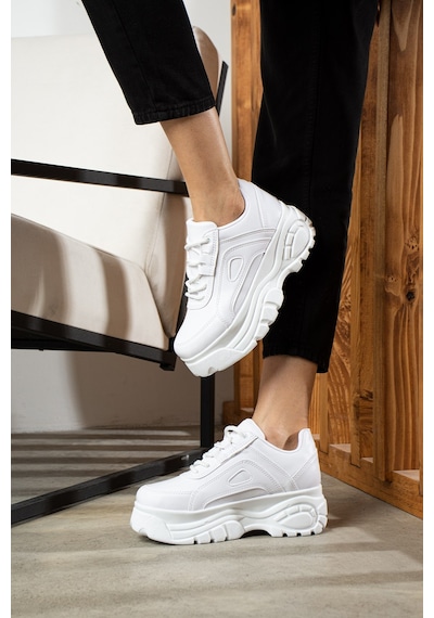 Nstil Günlük Kadın Spor Ayakkabı Yüksek Kalın Taban 6 Cm Suni Deri Sneaker 001 Beyaz