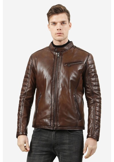 Dericlub Brg Erkek Hakim Yaka Slimfit Hakiki Deri Mont Camel Antik Camel