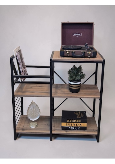 Plak Standı Metal Gövdeli Ahşap Raflı Pilak Köşesi Dresuar Siyah