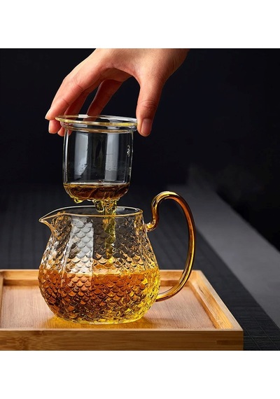 Morponi Borosilikat Cam Buzlu Gold Saplı Bitki Çayı Demliği 550 Ml Altındem Şeffaf