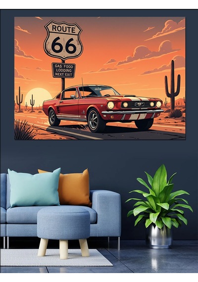 Route 66 Kırmızı Retro Araba Ve Vahşi Batı Yol Manzarası Dekoratif Kanvas - Mdf Ahşap Tablo