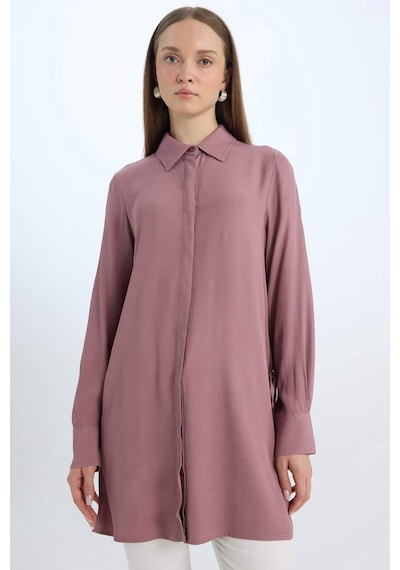 DeFacto Relax Fit Gömlek Yaka Yandan Bağlamalı Uzun Kollu Basic Düz Gömlek Tunik D7200AX24WNBR94 Bordo