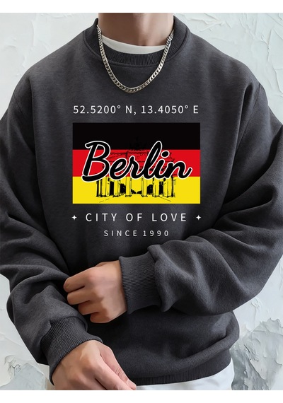 Startmore Startmoreberlin Şehir Aşk Baskı Erkek Tişörtü Kış Polar Sıcak Kapşonlu Kore Gevşek Bisiklet Yaka Spor Antrasit