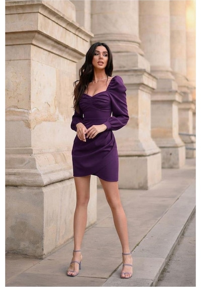 Kadın Sade Kare Yaka Mini Uzun Kollu Elbise Mor