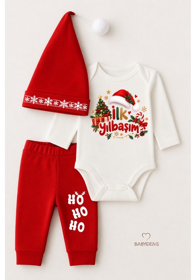 Babyden's Bebek Yılbaşı Takımı İlk Yılbaşım Baskılı Noel Kıyafeti %100 Pamuk 3'lü Body Pantolon Noel Şapkası Yılbaşı Kostüm Kırmızı - Beyaz