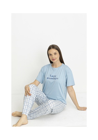 Estiva Kadın Kareli Alt Desenli Mavi Penye Lycra Kısa Kollu Pijama Takımı Çok renkli Estiva Kadın Kareli Alt Desenli Mavi Penye Lycra Kısa Kollu Pijama Takımı Çok renkli