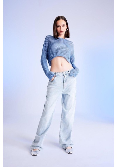 Defacto Regular Fit Bisiklet Yaka Kroşe Ajurlu Delikli Crop Triko Kazak T4513AZ24AUBE113 Mavi