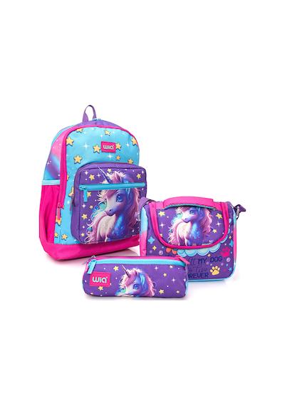 Wia Kız Çocuk Unicorn Desenli 3'lü Okul Çanta Seti Pembe