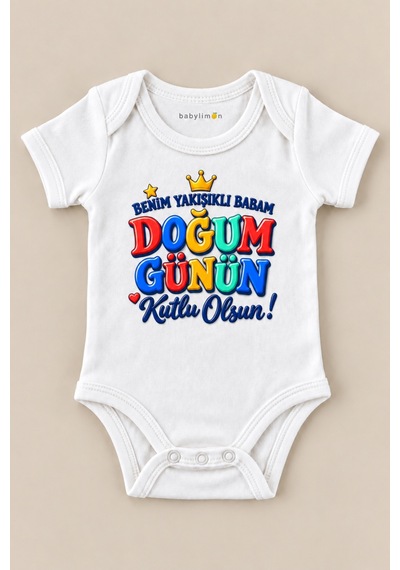 Babylimon Benim Yakışıklı Babam Doğum Günün Kutlu Olsun Beyaz Kısa Kollu Çıtçıtlı Bebek Zıbını Beyaz - 930083825 Beyaz