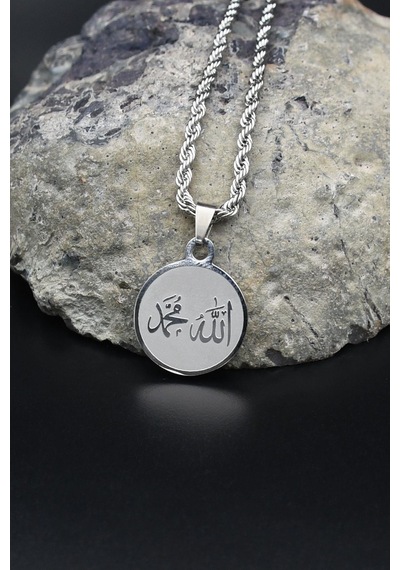 Allah Ve Muhammed Yazlı Kolye Paslanmaz Çelik Zincir 3mm 902083 Gümüş