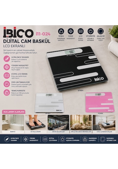 Dijital - Pilli Renkli Cam Banyo Baskül Terazi Tartı Lcd Ekran 180kg/50gr 26x26cm İ11-024 5570 Çok Renkli