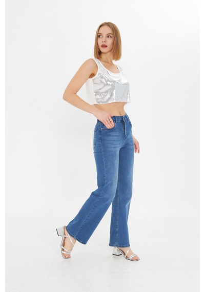 Kutaf Mavi Yüksek Bel Kar Yıkama Likralı Geniş Paça Palazzo Jeans Mavi