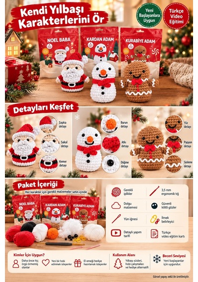 Selfıko Yılbaşı Örgü Öğrenme Seti Noel Baba Kardan Adam Kurabiye Adam Amigurumi 3'lü Hobi Kiti Çok Renkli