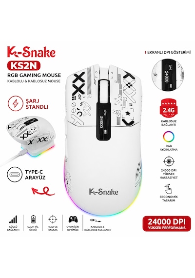 Rgb Gaming Mouse 24000 Dpı Kablosuz 2.4g Bluetooth Type-c Şarjlı Oyuncu Mouse Ms-ks2nb