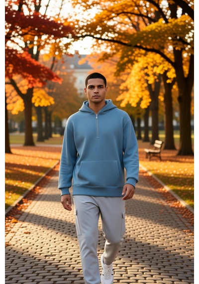 Benerly Erkek Kapüşonlu Fermuarlı Düşük Kol Uzun Kollu Kalıp Sweatshirt F Mavi