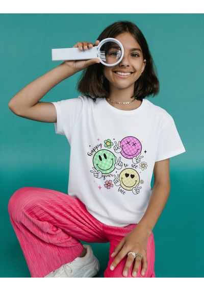 Alpşan Ticaret Gülücüklü Tişört Happy Face T-shirt Smile Tişört Beyaz Çocuk Ve Yetişkin T-shirt Beyaz
