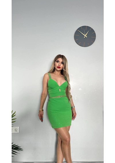 Tane Tasarım Taşlı Etek Büstiyer Askılı Crop Alt Üst Takım Yeşil Yeşil