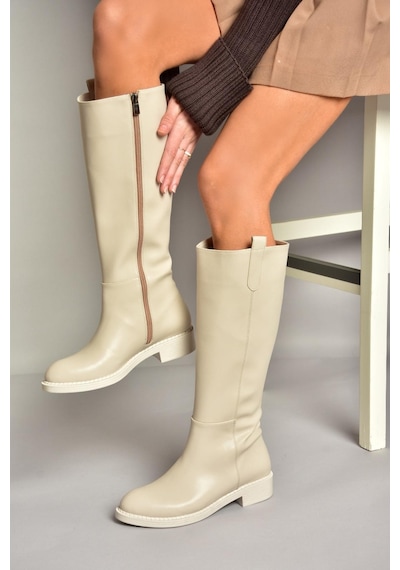 Fox Shoes T590962009 Bej Alçak Topuklu Kadın Çizme Bej-suni Deri Bej