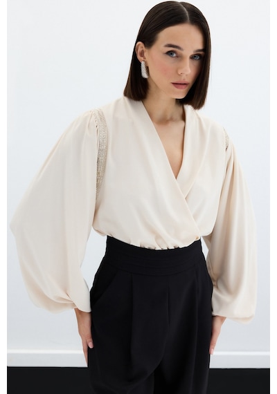 Sateen Aksesuar Detaylı Bodysuit Bluz - Bej