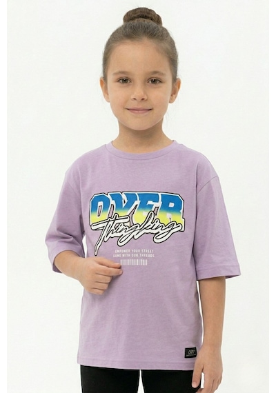 New Kids Baskılı %100 Pamuk Kız Çocuk Tişört-90489 Lila