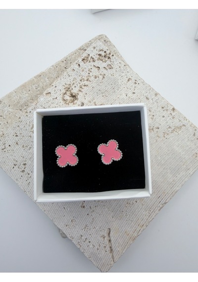 Çelik Yonca Küpe Renkli Mineli Gold Kadın Küpe 1 Cm Minimal Günlük Küpe Pembe