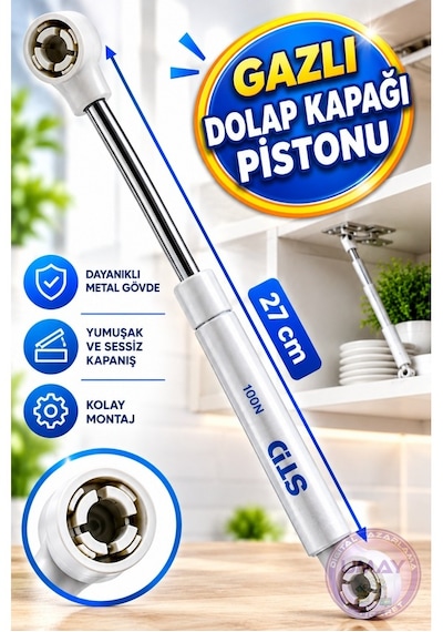Dolap Kapak Gazlı Amortisörü Pistonu 27 Cm 100n Mobilya Kapak Hidroliği Yavaş Kapanır. 2 Adet Metalik Gri