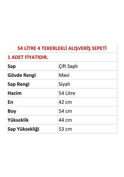 54 Litre 4 Tekerlekli Plastik Alışveriş El Sepeti Mavi 1 Adet / En:42 Boy:54 Yükseklik:44 Cm